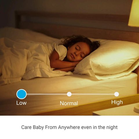 Child peacefully sleeping in bed with adjustable night vision lighting, showcasing 1080P Mini WiFi Pet Camera With Night Vision And Two Way Audio.