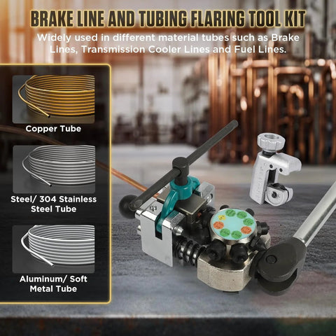 Front view of brake line flaring tool kit with gauge and handle, copper, steel, and aluminum tubes shown