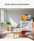 LoRa Temperature And Humidity Sensor Long Range With 2 Year Battery Life Indoor Monitoring alerts on smartphone in modern room