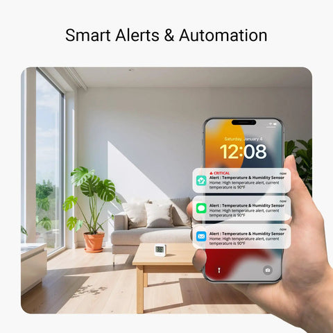 LoRa Temperature And Humidity Sensor Long Range With 2 Year Battery Life Indoor Monitoring alerts on smartphone in modern room
