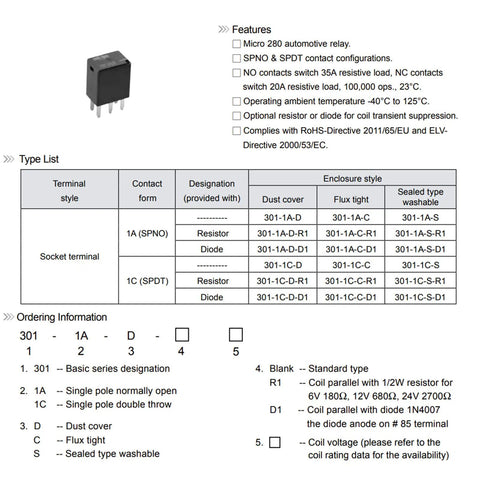 Image of a 12VDC 35A SPDT Automotive Relay with 5 Pins for General Power Use ISO 280 Footprint Tough Low Cost Wide Operating Temp Range Minus 40C to 125C Perfect for DIY Builds and Auto Wiring, alongside technical features list and type options chart.