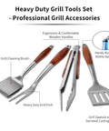 Heavy Duty Rosewood BBQ Tools Set with spatula, fork, brush, tongs, stainless steel, rosewood handles, built for high heat