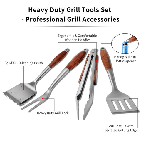 Heavy Duty Rosewood BBQ Tools Set with spatula, fork, brush, tongs, stainless steel, rosewood handles, built for high heat