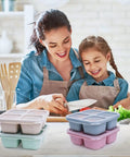 Mother and daughter using 4 Pack Snack Containers Divided Bento Snack Box With 4 Compartments Reusable Meal Prep Lunch Containers.