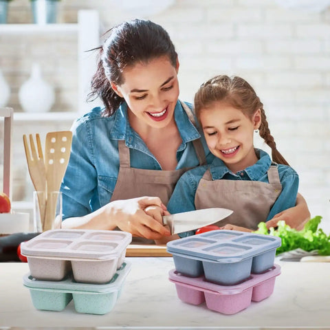 Mother and daughter using 4 Pack Snack Containers Divided Bento Snack Box With 4 Compartments Reusable Meal Prep Lunch Containers.