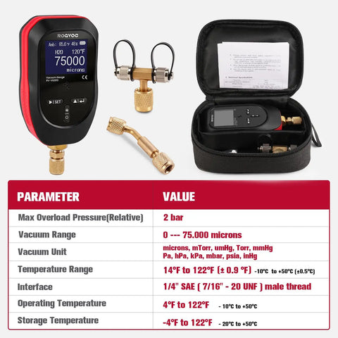 Digital Vacuum Gauge For HVAC And Refrigeration Pros, Micron Vacuum Gauge Tester With 11 Units, Real Time Pressure Readings During System Evacuation, Easy Readout For Tracking Vacuum Changes With A Vacuum Pump For Dehumidification, with brass fittings and case