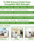 TL1854 Exhaust Outlet Hose Compatible with Delonghi models shown in living room, kitchen, and bedroom settings.
