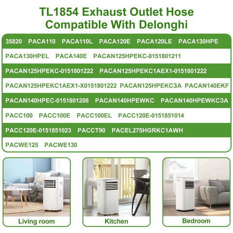 TL1854 Exhaust Outlet Hose Compatible with Delonghi models shown in living room, kitchen, and bedroom settings.