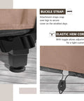 Close-up of 600D canvas waterproof outdoor furniture cover with buckle strap and elastic hem cord for secure fit, showing Heavy Duty Rectangular Patio Table Cover For 111 Inch Long By 74 Inch Wide Table With 6 To 8 Chairs, 600D Canvas Waterproof Outdoor Furniture Cover, All Weather Protection For Rain Sun And Dust features.