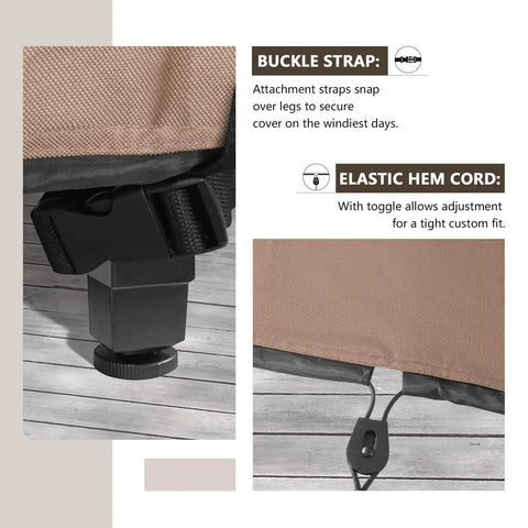 Close-up of 600D canvas waterproof outdoor furniture cover with buckle strap and elastic hem cord for secure fit, showing Heavy Duty Rectangular Patio Table Cover For 111 Inch Long By 74 Inch Wide Table With 6 To 8 Chairs, 600D Canvas Waterproof Outdoor Furniture Cover, All Weather Protection For Rain Sun And Dust features.