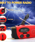 Emergency Weather Radio With AM FM NOAA Reception Hand Crank Power LED Flashlight showing power options and functions