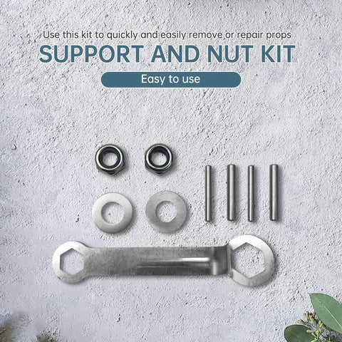 Electric Outboard Propeller Nut Kit with wrench, nuts, pins, and washers for quick propeller replacement and pin repair