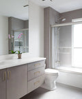 Modern bathroom with gray cabinets featuring Champagne Bronze Cabinet Pulls With Center Hole 5 Inch Length for drawers and cupboards.
