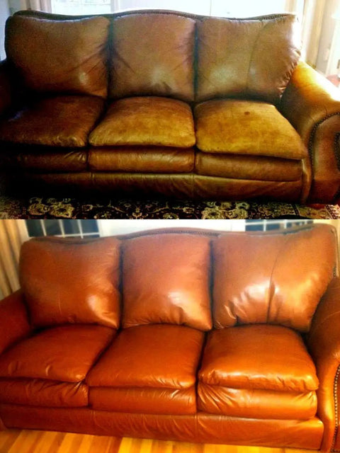Before and after of restored leather couch using Leather Refinish And Restore 4 Oz Jar For Furniture Leather Repair And Color Renewal.