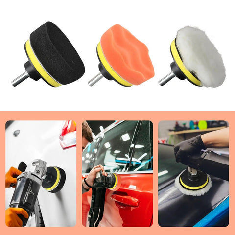 11Pcs Pro Grade Car Buffing Pads For Drill Polishing Kit With 3 Inch Foam Pads And Wool Buff Pads in use on car surfaces