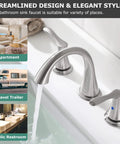 Widespread Two Handle Bathroom Faucet With Pop Up Drain And cUPC Supply Lines In Brushed Nickel installed in a bathroom sink.