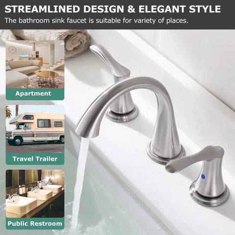 Widespread Two Handle Bathroom Faucet With Pop Up Drain And cUPC Supply Lines In Brushed Nickel installed in a bathroom sink.