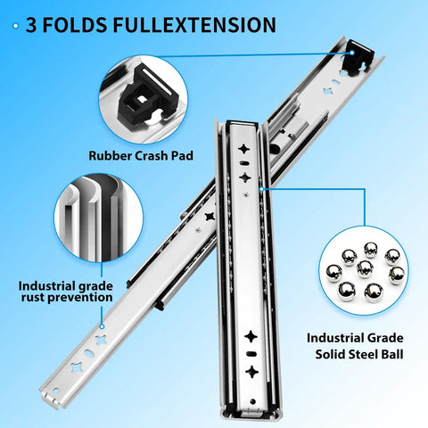 Heavy Duty Full Extension Drawer Slides Side Mount Ball Bearing Rails 12 to 40 Inch 220 Lb Capacity No Lock Pair shown