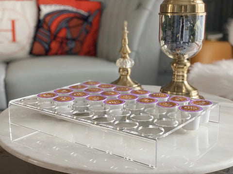 Two Pack 35 Slot Flat Coffee Pod Organizer Tray In Clear Acrylic for Countertop with K-Cup Pods, modern home setting