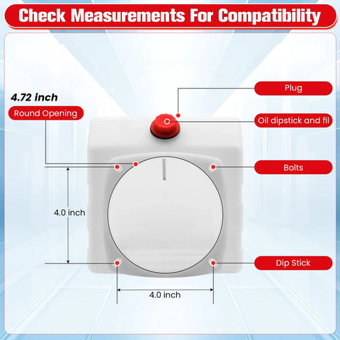 Front view of 4 Quart Poly Power Unit Reservoir for Hydraulic Systems with measurements for dump trucks and heavy equipment.