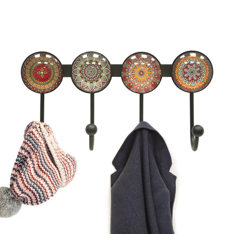 Wall Mounted Coat Rack With Four Hooks Round Brown Mandala Pattern Boho Chic Decorative Wall Hanger For Hats Keys Towels Purses Bags And Robes