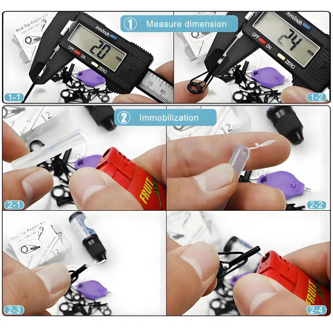 Steps showing how to use the Ultimate Fishing Rod Tip Repair Kit With UV Light And Glue, Quick Fix For Broken Rods feature.