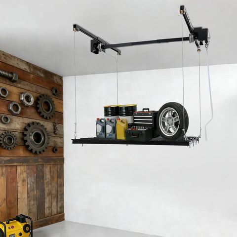 Hardcore Adjustable Overhead Garage Storage Rack With 300 Pound Capacity rustproof carbon steel ceiling mount hanger displaying tools and gear.