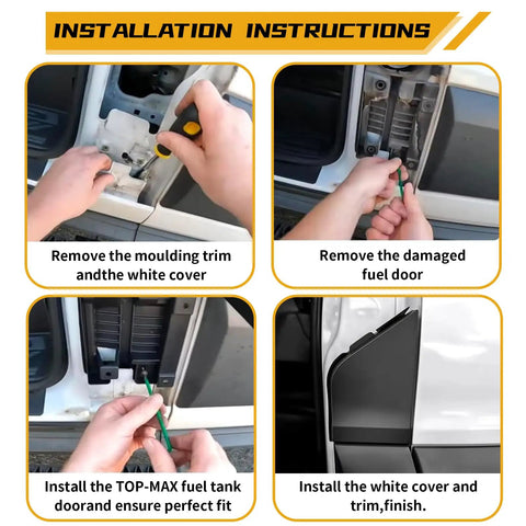 Installation instructions for Fuel Filler Door And White Cover Assembly For Ford Transit Vans 2015 2023 Gasoline Models Replacement Gas Tank Filler Door With Pocket Housing And Hinge Easy Install No Fuss Durable Filler Door Pipe, showing step-by-step process.