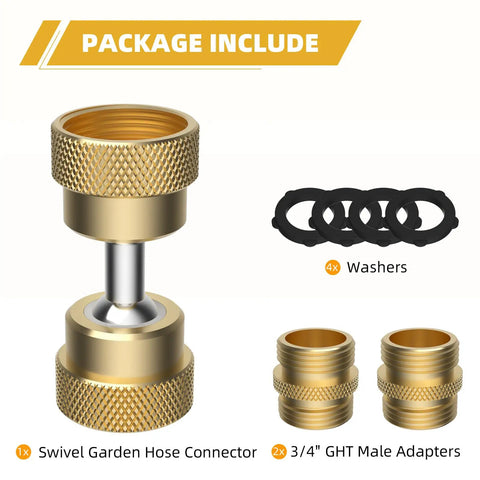 Swivel All Metal Garden Hose Adapter With Two Brass Adapters Three Quarter Inch Protector Heavy Duty Faucet Connector 360 Degree Swivel No Slip Diamond Embossed Brass Corrosion Resistant Built To Last, 1x connector, 2x adapters, 4x washers