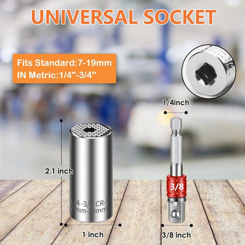 Universal Socket Set 7-19mm And 11-32mm All In One Heavy Duty Super Socket with 3/8 Inch Drill Adapter displayed on table