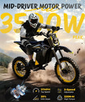 Rider on 3500W Peak Electric Dirt Bike for Teens and Adults, black and yellow, 37 MPH, dual suspension shown on rocky terrain
