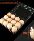 Clear Plastic Egg Cartons 50 Pack For 12 Eggs Each, open carton with brown eggs displayed inside, dimensions labeled.
