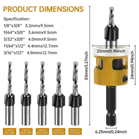 Amazon 5-piece countersink drill bit set with low-friction depth stops and replaceable HSS M2 bits, hex shank.