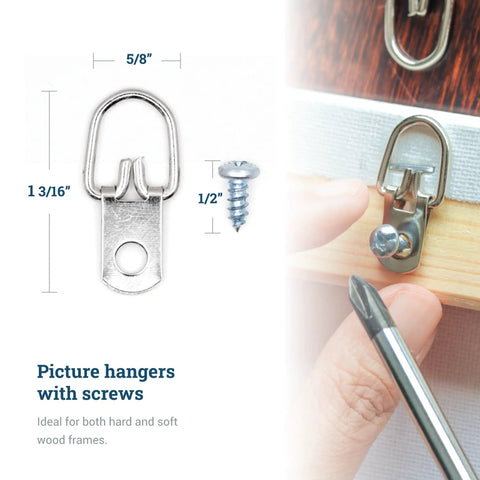 Close-up of Picture Hangers With Screws D Ring Bulk Pack 100 Pro Quality Hanging Hardware for Wood Frames installation