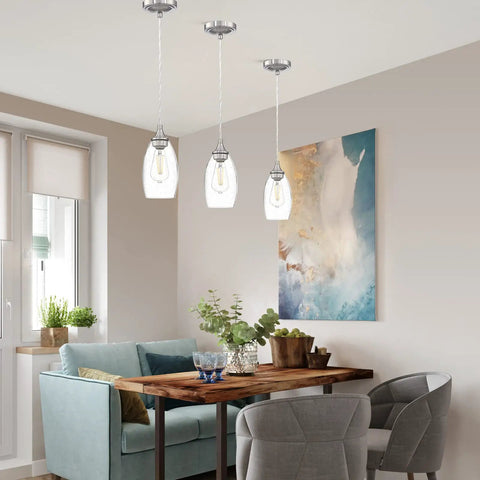 One Light Indoor Mini Hanging Pendant Lamps Set For Kitchen Island And Bar Handcrafted Glass Chandelier Shades In Seeded Clear Glass With Black Brushed Nickel Finish Perfect For Dining Room Breakfast Bar And Countertop Setup 3 Pack