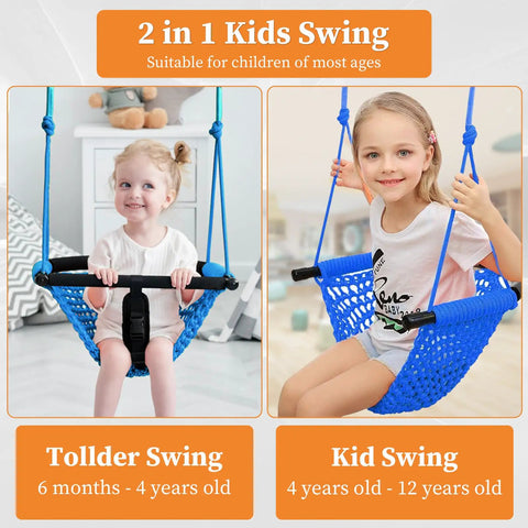 Indoor Outdoor Handmade DIY Net Swing For Kids With Adjustable Rope Versatile Backyard Playground Swing For Tree Garden Park Door Frame Easy Setup Blue Safe Durable shown with two children, aged 6 months to 12 years.
