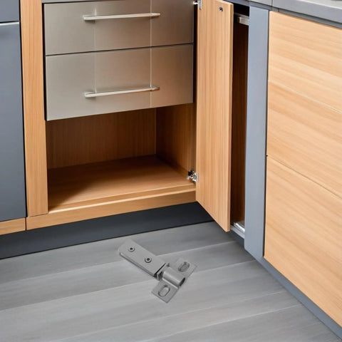 Heavy Duty Stainless Steel Shower Door Hinges With Long Bar Pivot, Double Hole Square Design For Smooth, Stable Operation And Easy Install, Built To Last For Home Renovations And New Bathroom Upgrades, shown on cabinet door