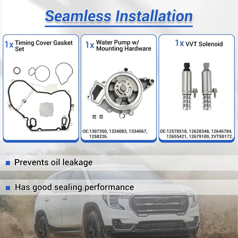 Timing Chain Kit Water Pump With VCT Solenoid Actuator Gear for 2.4L GM Engines parts layout with gasket, pump, and solenoid.