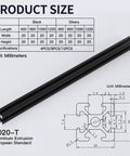 Front view of four black anodized 1220mm 2020 aluminum T-slot extrusions (EU standard)