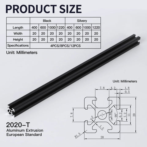 Front view of four black anodized 1220mm 2020 aluminum T-slot extrusions (EU standard)