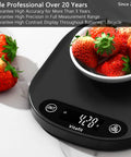 Black 33 Lb Digital Kitchen Scale High Precision 0.1 Oz 1 G With LED Display For Cooking And Baking, strawberries on top