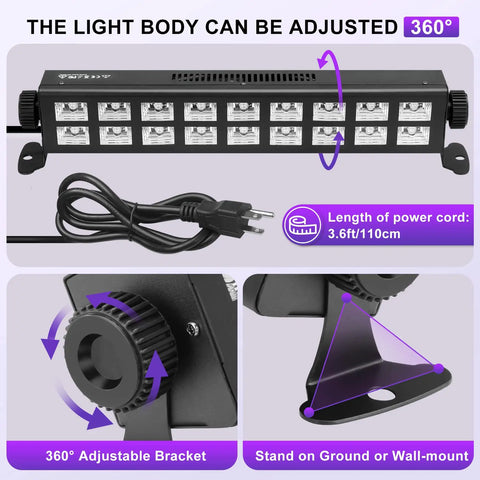 Two Pack Super Bright 54W UV Black Lights with Remote showing adjustable bracket and power cord for versatile installation