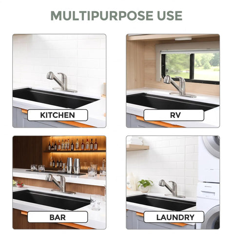 Solid Build Kitchen Faucet With Pull Out Sprayer Lead Free Stainless Steel Sink Mixer installed in kitchen and bar settings.