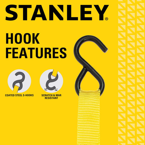 1 Inch Wide Ratchet Straps 10 Feet Go To Light Cargo Tie Down Straps With 300 Lb Working Load And 900 Lb Break Strength Black Yellow 4 Pack featuring the rust-resistant vinyl coated S-hooks and their non-marring feature.
