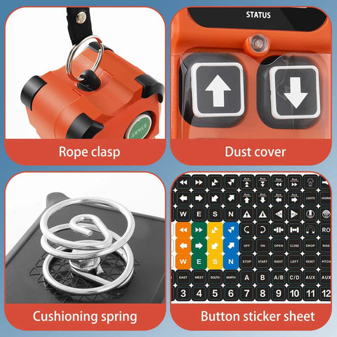 H108 Wireless Crane Remote Control 8 Channel Industrial Radio Transmitter featuring rope clasp and dust cover details.