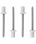 Close-up of watertight aluminum blind rivets with steel mandrel, showing pack of fifty, 3/16" by 3/8" closed end pop rivets for metal panels and outdoor projects.