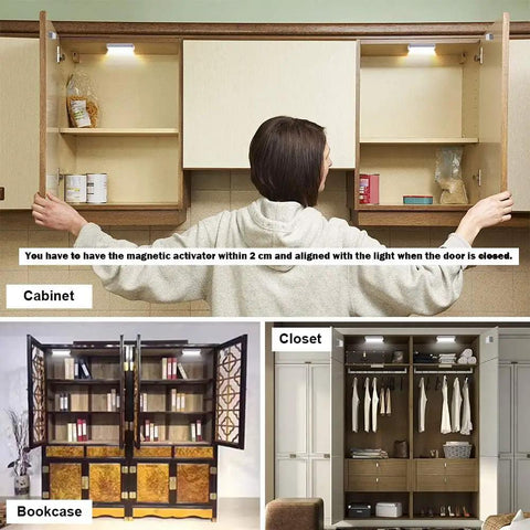 Person installing door activated LED puck lights in cabinet, bookcase, and closet for hands-free lighting.