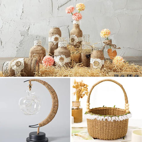 5Mm Jute Rope 98 Feet Heavy Duty Natural Twine wrapped around decorative bottles, a decorative lamp, and a woven basket for crafting and decor.