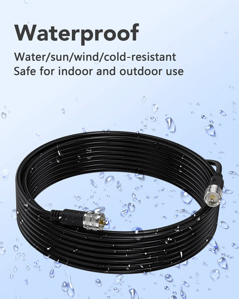 RG8X Coax Cable 50 Ohm With UHF PL259 Male To Male Connectors For Radios And Antennas Includes 30Ft 40Ft 50Ft 60Ft 70Ft 80Ft And 100Ft Lengths, Low Loss Shielded Design, Pro Grade For CB Rigs, Antenna Analyzers, SWR Meters, waterproof design with rain droplets.