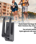 Aluminum Alloy Scooter Front Hook for M365 and Electric Scooters, rugged black finish, shown with two people on scooters.
